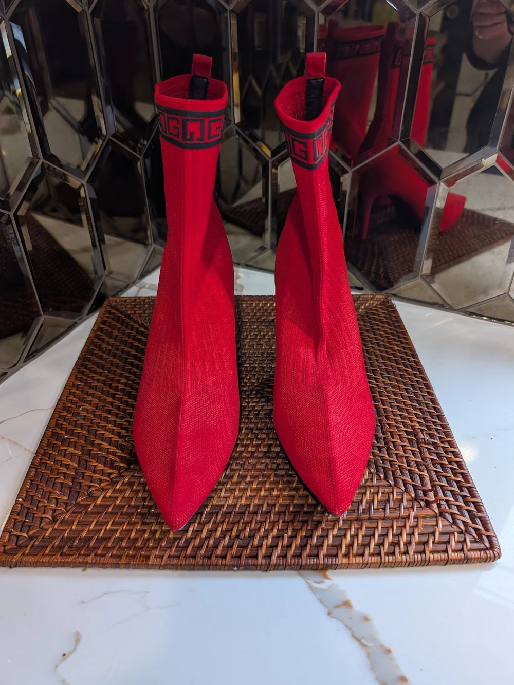 Guess Red Pointed-Toe Stiletto Sock Booties with Black Trim